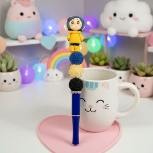 Coraline Character clay Blue Bead Pen - Yellow coat